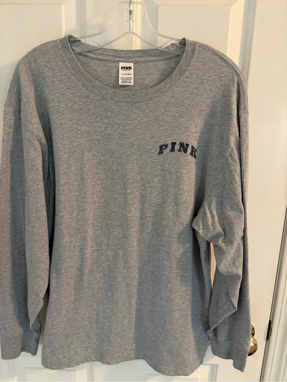PINK Victoria's Secret Gray Long Sleeve Tee with Navy Logo